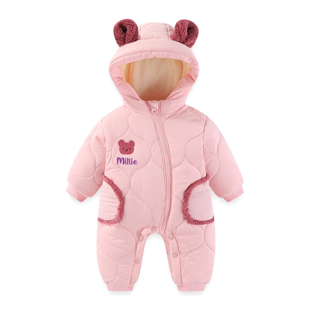 Personalized Long Sleeve Winter Hooded Puffer Romper | CWBaby308