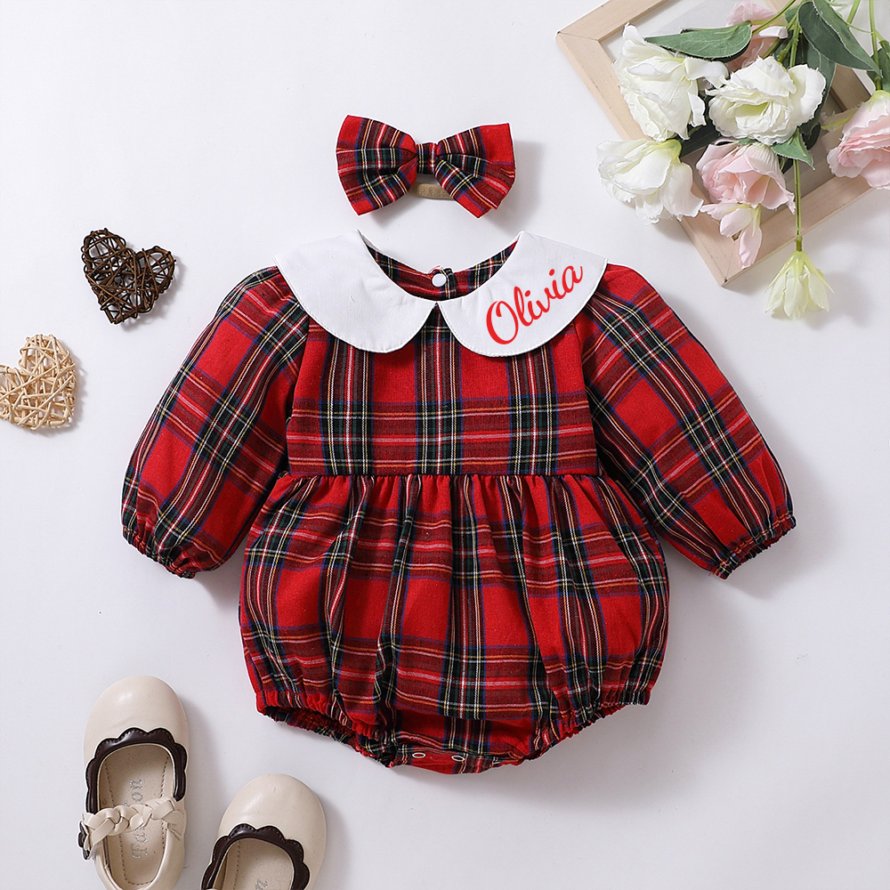 Personalized Christmas Baby Girl Lovely Plaid Outfit Set | MCGift154