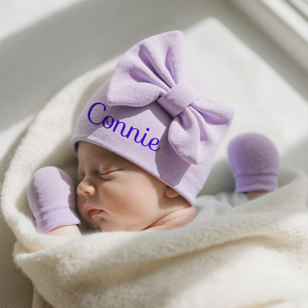 Personalized Newborn Coming Home Bow Beanie And Gloves Set | HSKid62