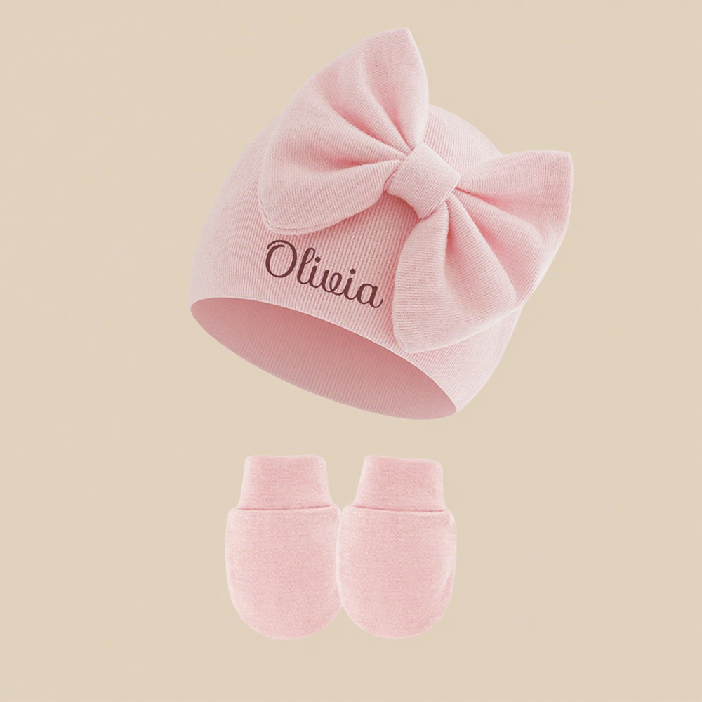 Personalized Newborn Coming Home Bow Beanie And Gloves Set | HSKid62