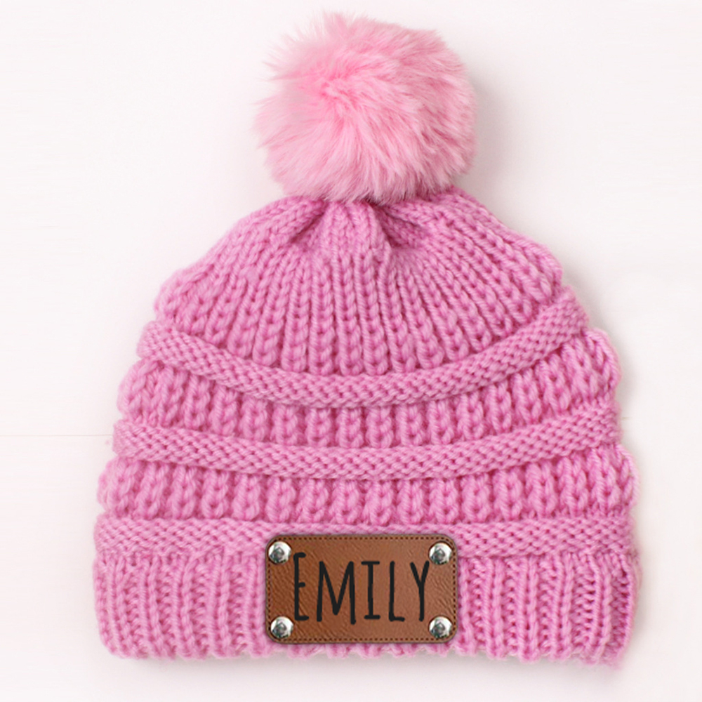 Personalized Leather Patch Kid Colorful Pom Pom Hat | HSKid63