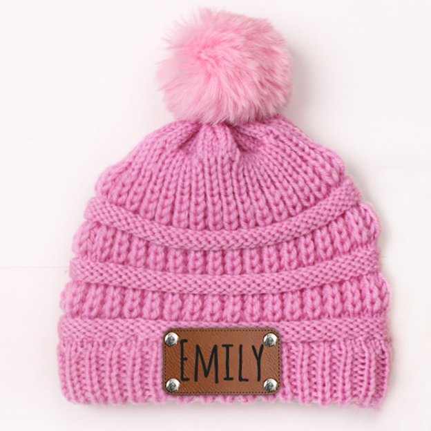 Personalized Leather Patch Kid Colorful Pom Pom Hat | HSKid63