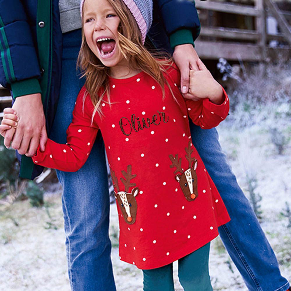 Personalized Girl's Christmas Reindeer Dress | MCGift180
