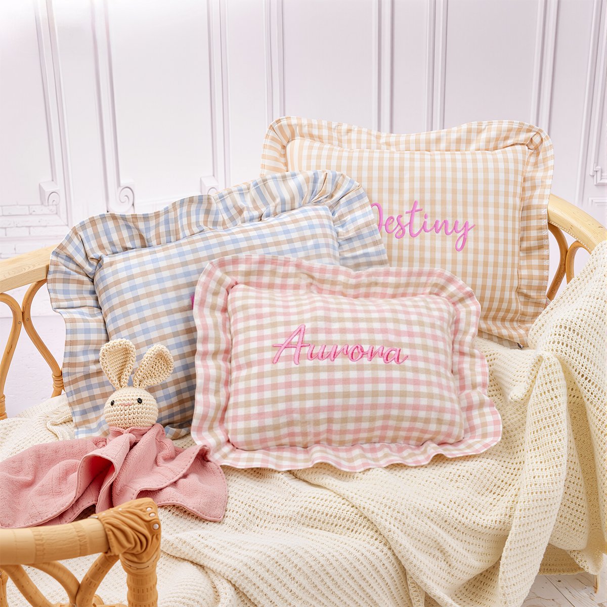 Personalized Embroidered Baby Plaid Ruffles Pillow | CWBaby328