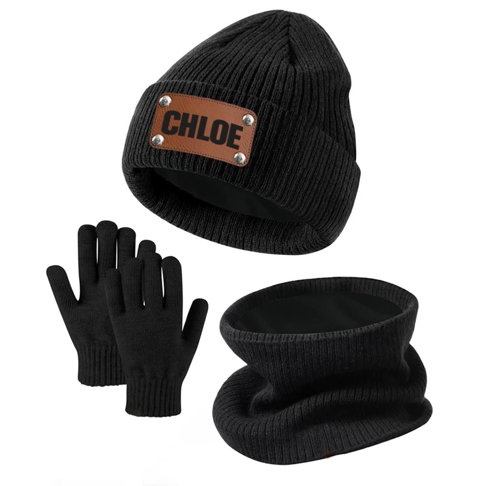 Personalized Leather Patch Kid Winter Hat Glove Scarf Set | HSKid69