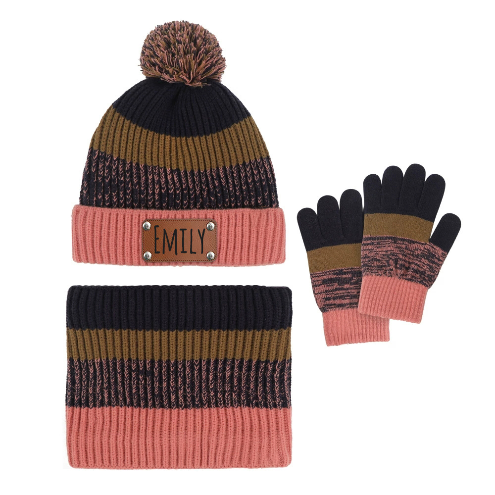 Personalized Leather Patch Kid Winter Hat Glove Scarf Set | HSKid70