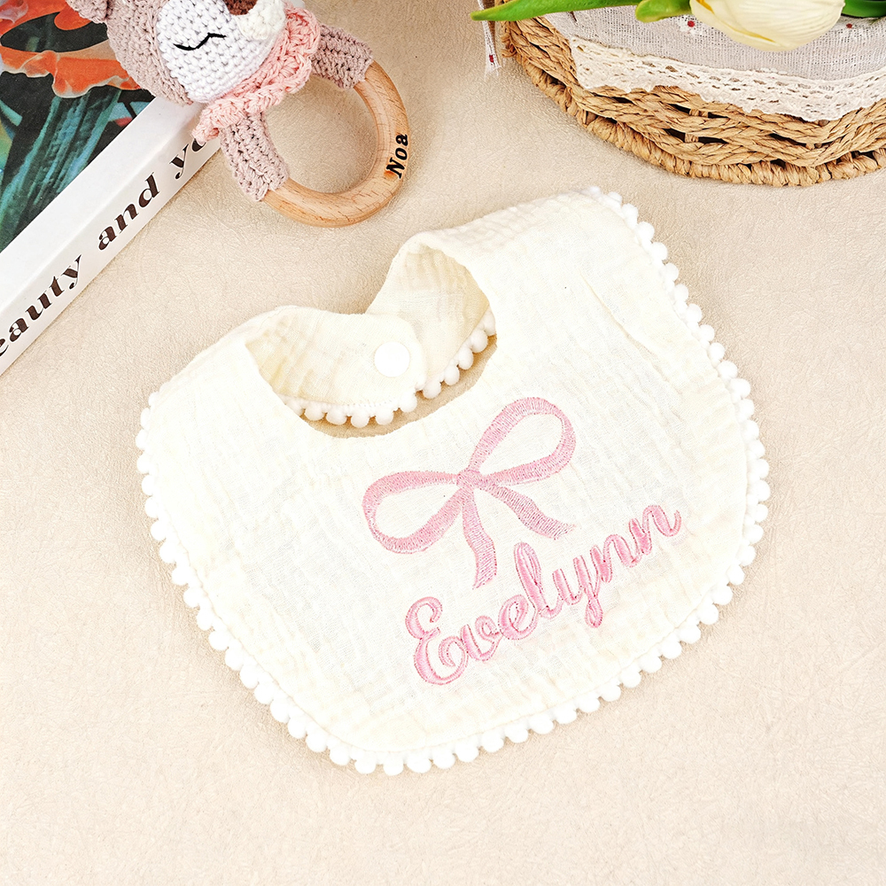 Personalized Embroidered Baby Lovely Bow Muslin Bib | CWBaby21402