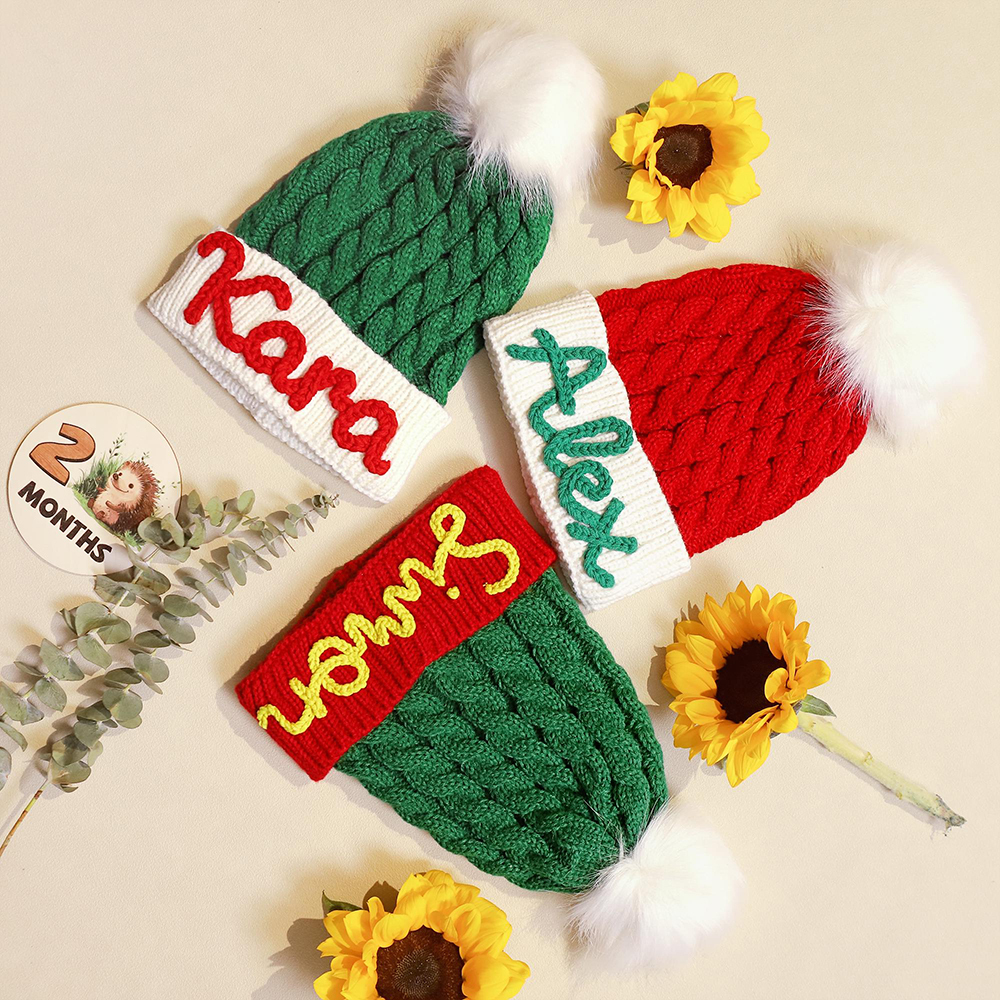 Personalized Hand Embroidery Christmas Pom Pom Hat | HSKid71