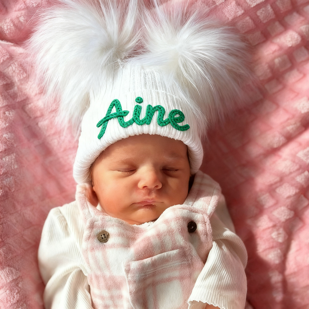 Personalized Hand Embroidery Kid Pom Pom Hat and Scarf | HSKid72