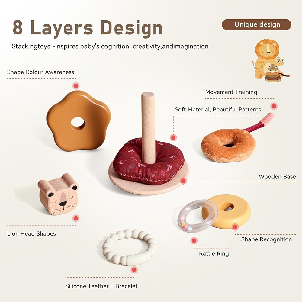 Personalized Wooden Lion Stacking Tower Exercises Toys | CWToy161