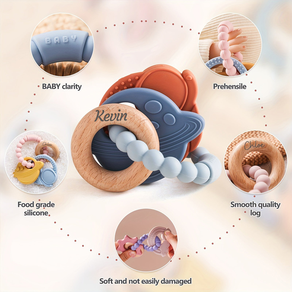Personalised Baby Food Silicone & Wooden Sensory Teething Ring | CWToy162