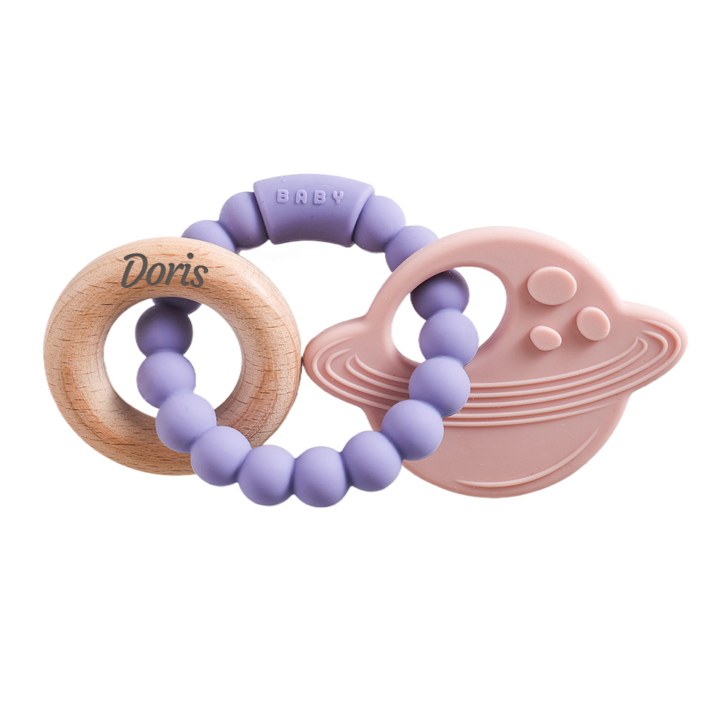 Personalised Baby Food Silicone & Wooden Sensory Teething Ring | CWToy162