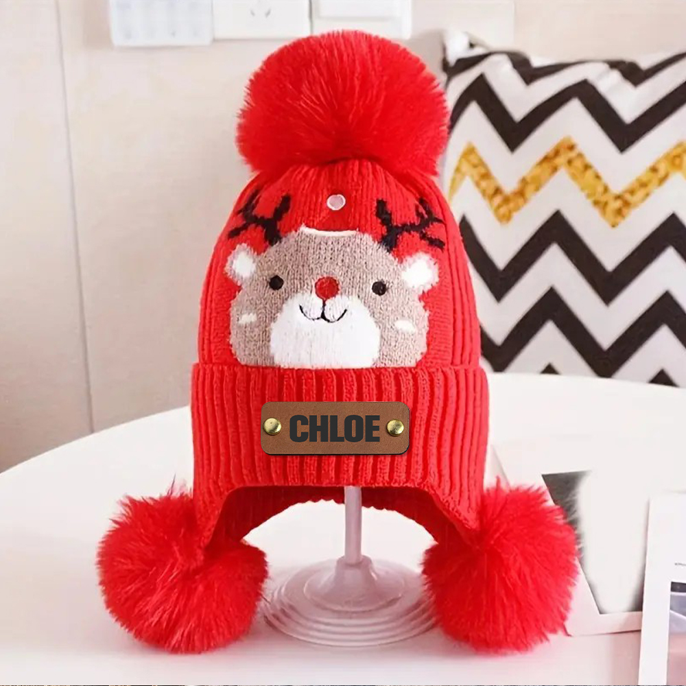 Personalized Leather Patch Adorable Elk Warm Winter Pom Pom Hat | HSKid77