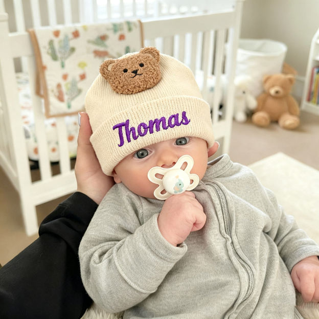 Personalized Embroidery Organic Cotton Baby Beanie with Teddy Bear | HSKid78