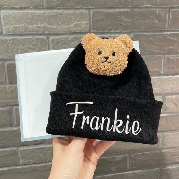 Personalized Embroidery Organic Cotton Baby Beanie with Teddy Bear | HSKid78