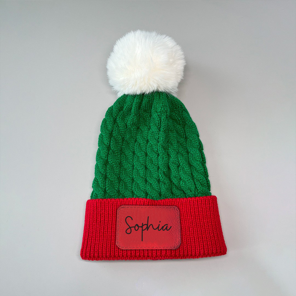 Personalized Leather Patch Christmas Pom Pom Hat | HSKid80