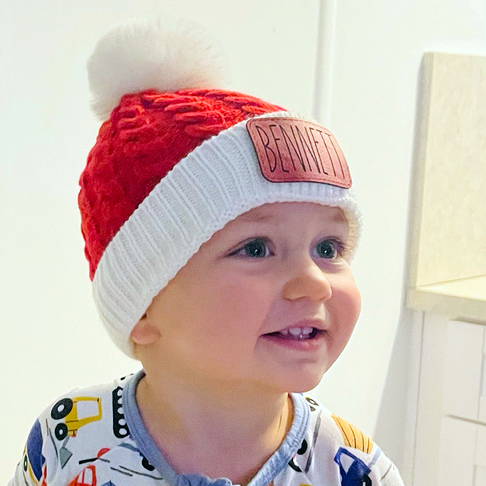 Personalized Leather Patch Christmas Pom Pom Hat | HSKid80