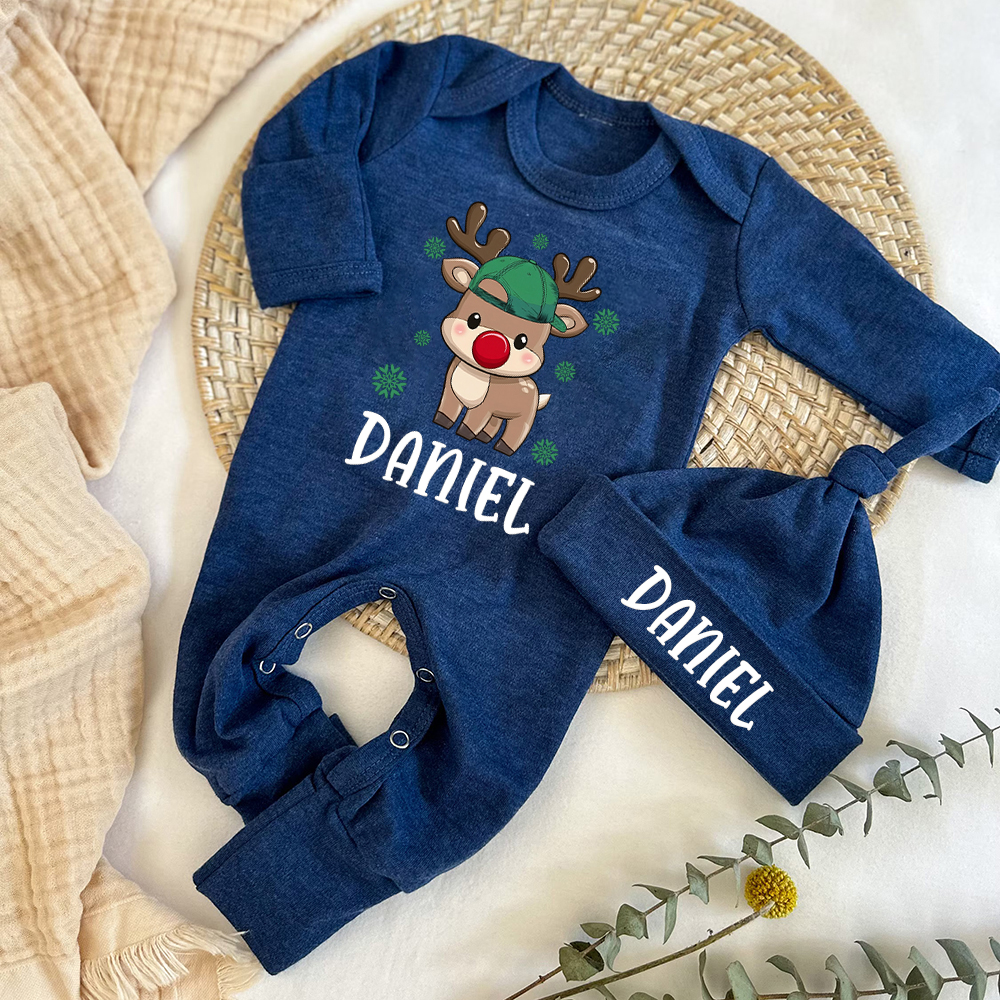 Personalized Baby Christmas Adorable Elk Romper and Hat Set | MCGift233