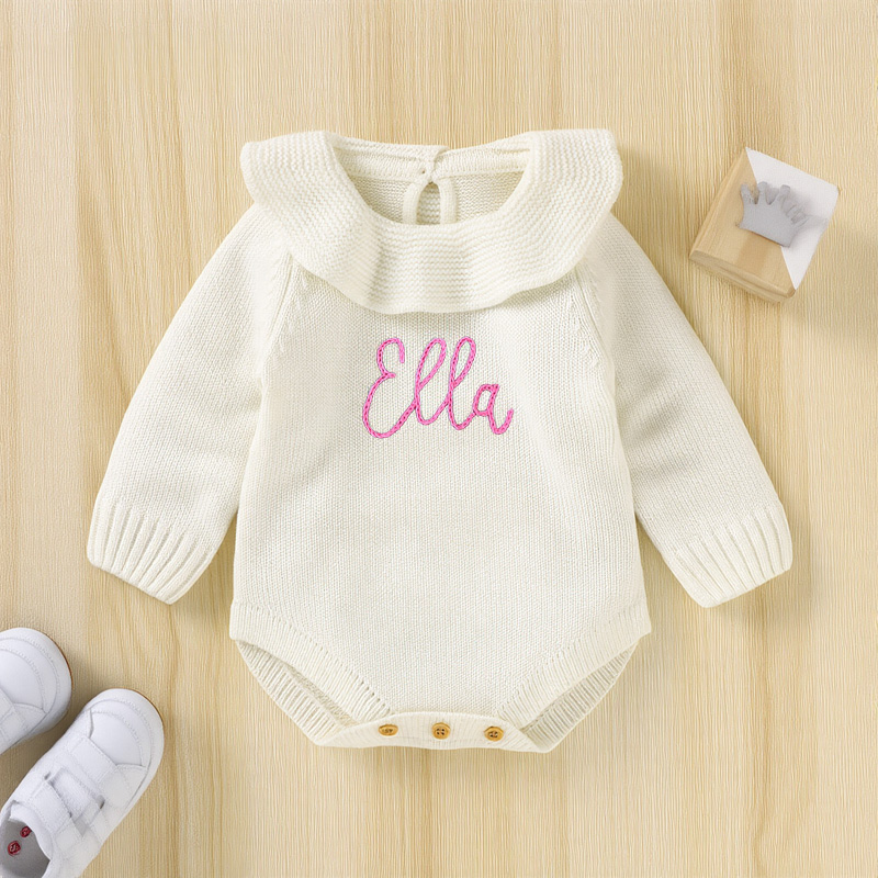 Personalized Hand Embroidered Baby Ruffled Knit Romper | CWBaby366
