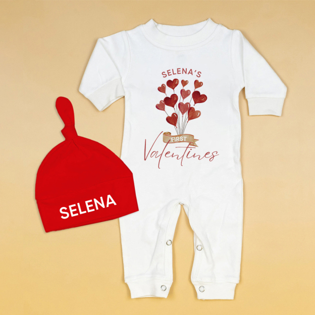 Personalized Baby First Valentine Romper and Hat Set | CWBaby373