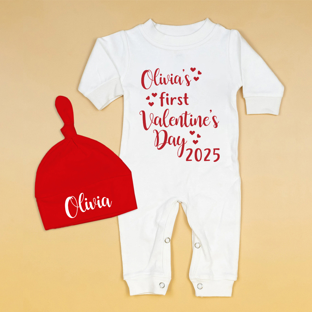 Personalized Baby First Valentine Romper and Hat Set | CWBaby375