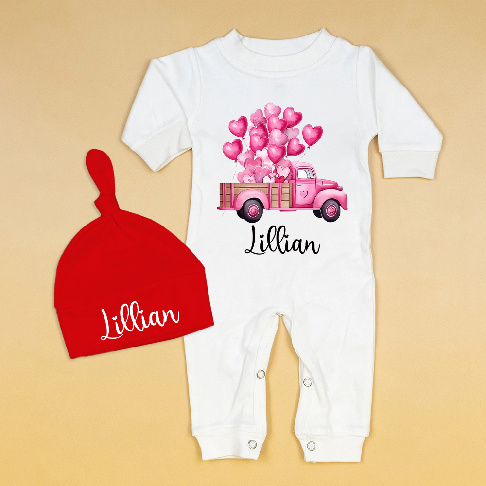Personalized Baby First Valentine Romper and Hat Set | CWBaby376