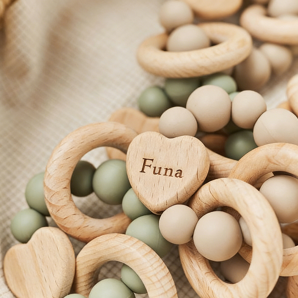 Personalized Baby Sensory Silicone Wooden Toy Ring | CWToy169