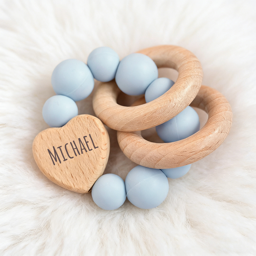 Personalized Baby Sensory Silicone Wooden Toy Ring | CWToy169