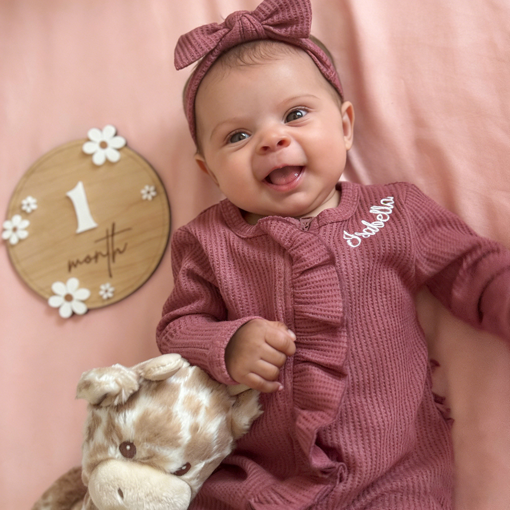 Personalized Newborn Embroidery Waffle Ruffled Romper With Bow | CWBaby426