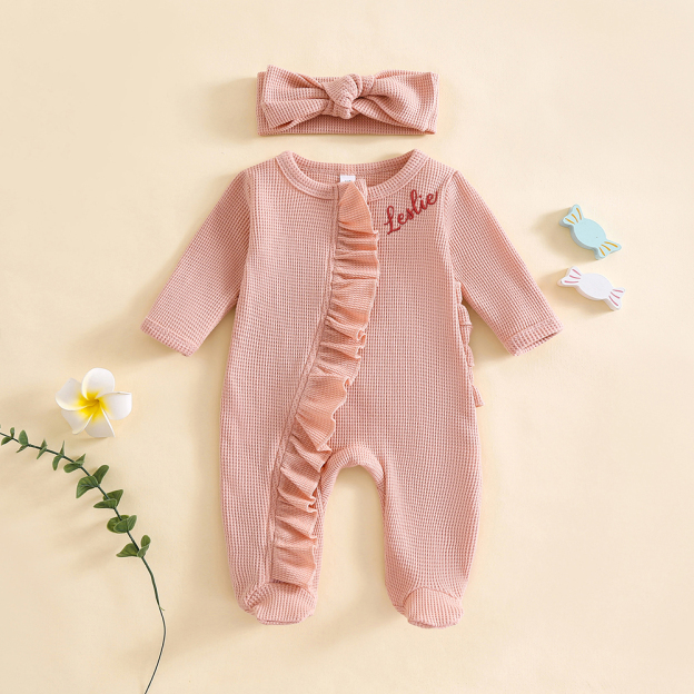 Personalized Newborn Embroidery Waffle Ruffled Romper With Bow | CWBaby426
