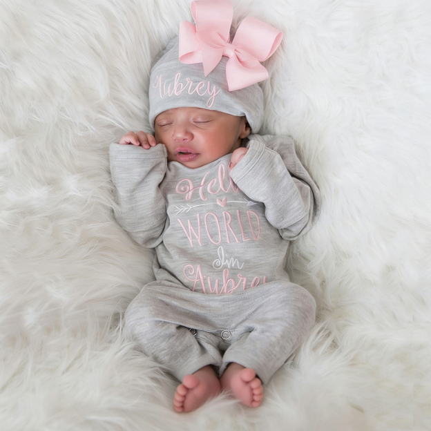 Personalized Embroidery Baby Girl Coming Home Romper and Hat Set | CWBaby425