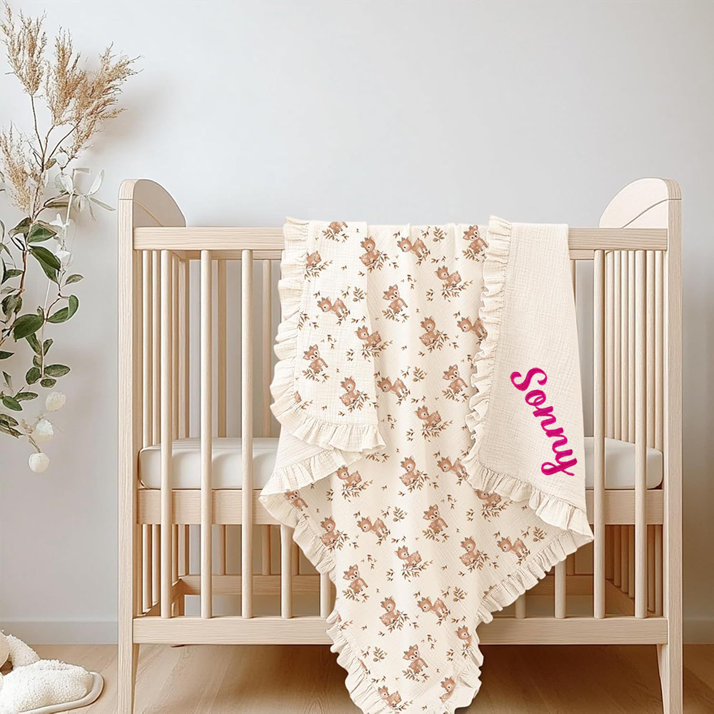 Personalized Embroidered Organic Cotton Muslin Ruffle Edge Blanket | CWBaby435