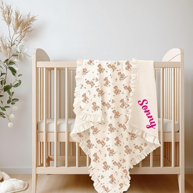 Personalized Embroidered Organic Cotton Muslin Ruffle Edge Blanket | CWBaby435