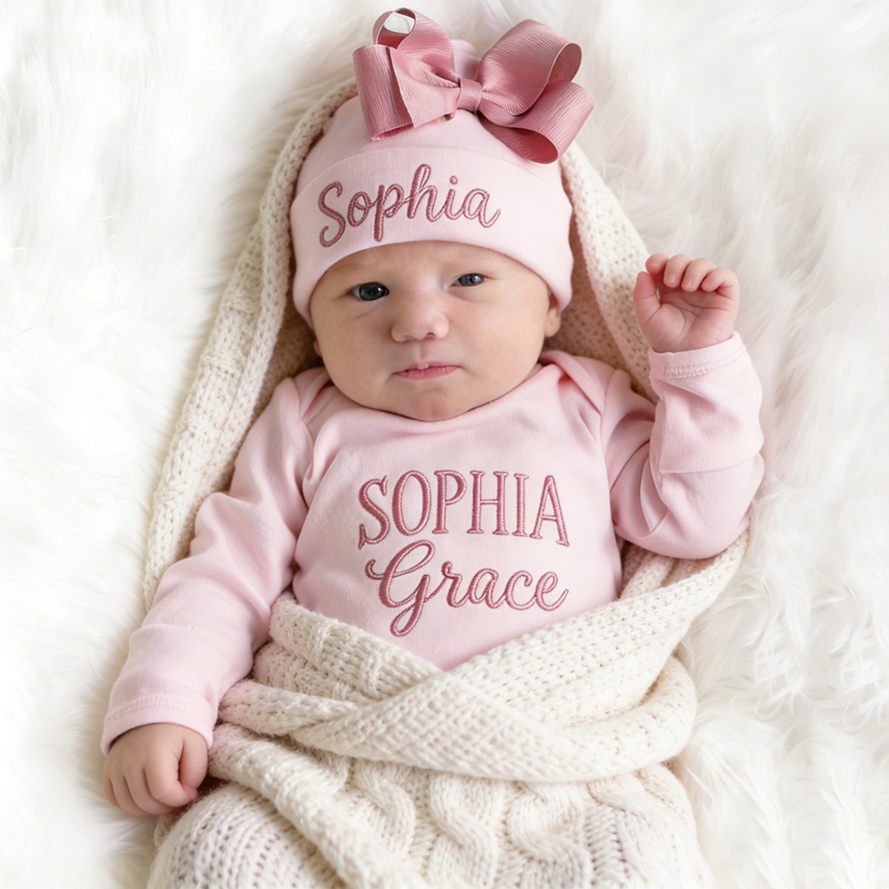 Personalized Embroidery Baby Girl Coming Home Romper and Hat Set | CWBaby458