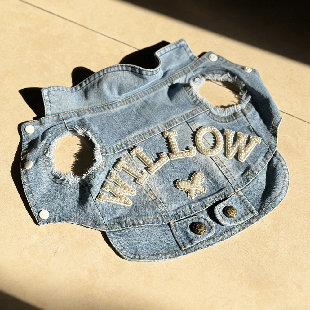 Personalized Handmade Pearl Patch Pets Denim Jacket | BKPet219