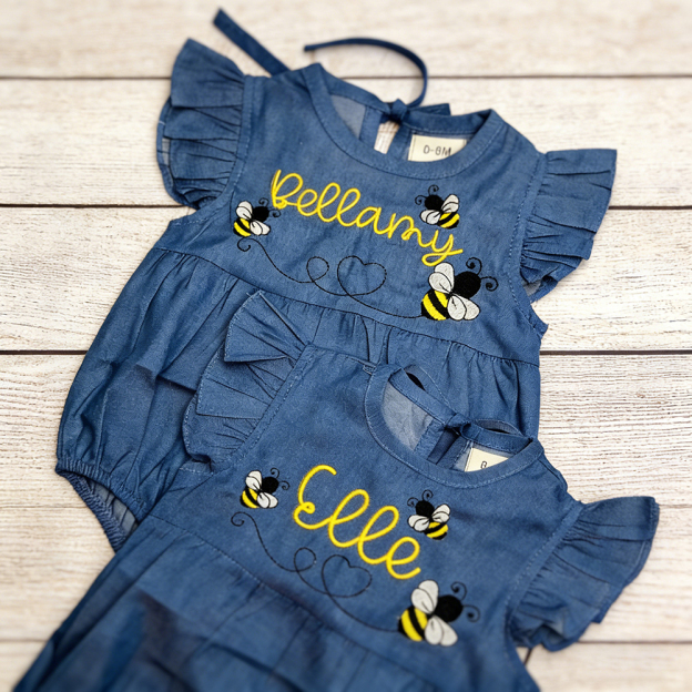 Personalized Baby Adorable BEE Denim Bubble Romper | CWBaby463