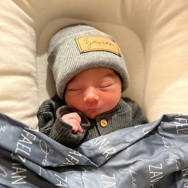 Personalized Leather Patch Baby Beanie Outfit Set | CWBaby84