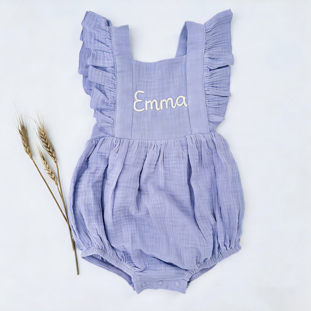 Personalized Embroidery Baby Organic Cotton Muslin Romper with Bow | inRomper35