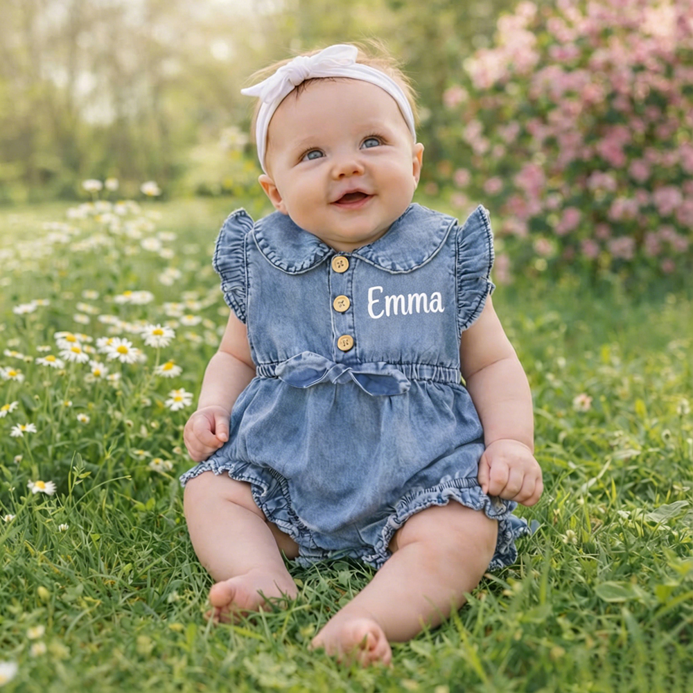Personalized Baby Girl Elegance Denim Ruffled Romper | CWBaby476