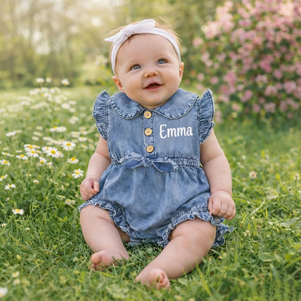 Personalized Baby Girl Elegance Denim Ruffled Romper | CWBaby476