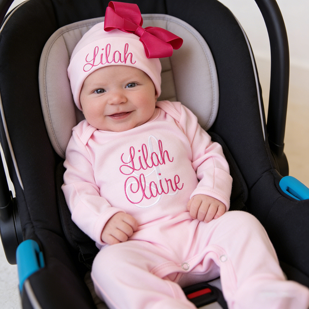 Personalized Embroidery Baby Girl Coming Home Romper and Hat Set | CWBaby479