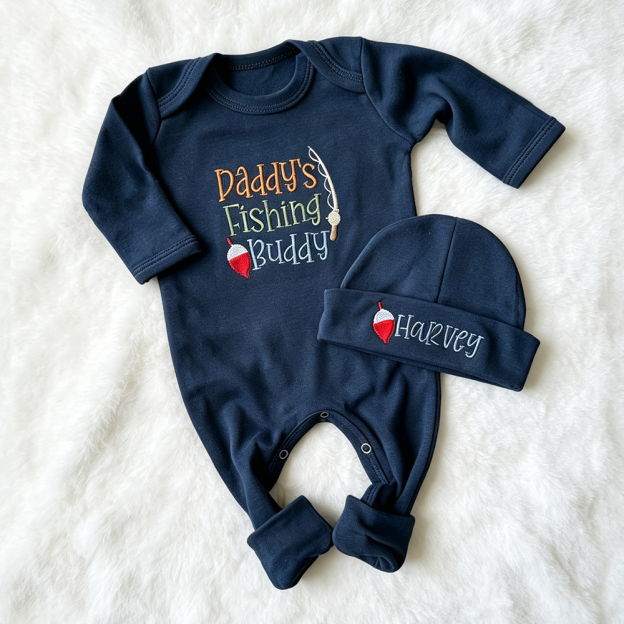 Personalized Embroidery Daddy's Fishing Buddy Romper and Hat Set | CWBaby481