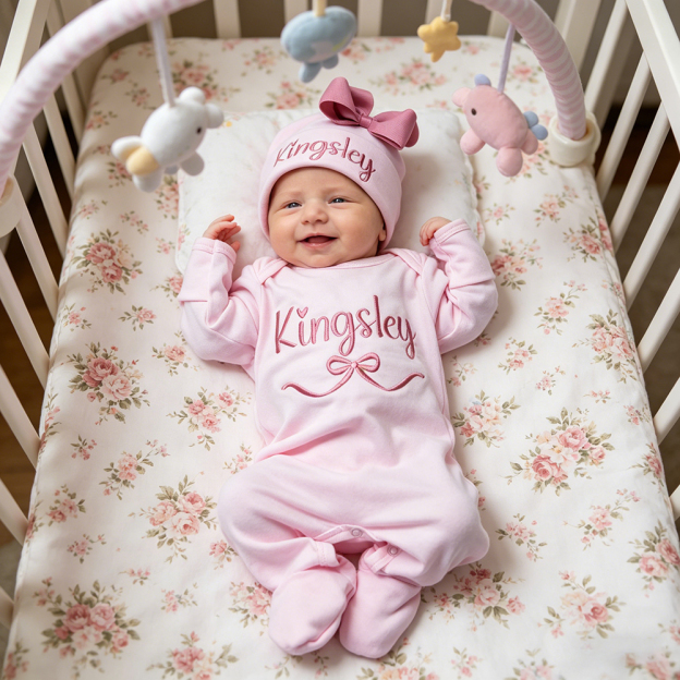 Personalized Embroidery Baby Girl Coming Home Romper and Hat Set | CWBaby482