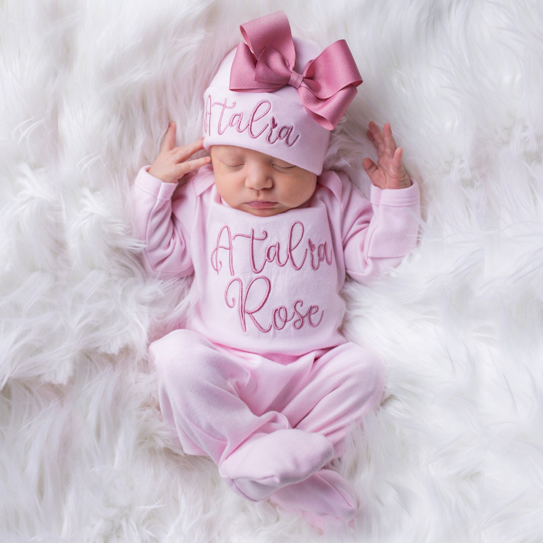 Personalized Embroidery Baby Girl Coming Home Romper and Hat Set | CWBaby488