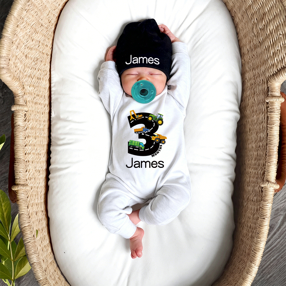 Personalized Baby Transportation Vehicle Romper With Hat Set | CWBaby497