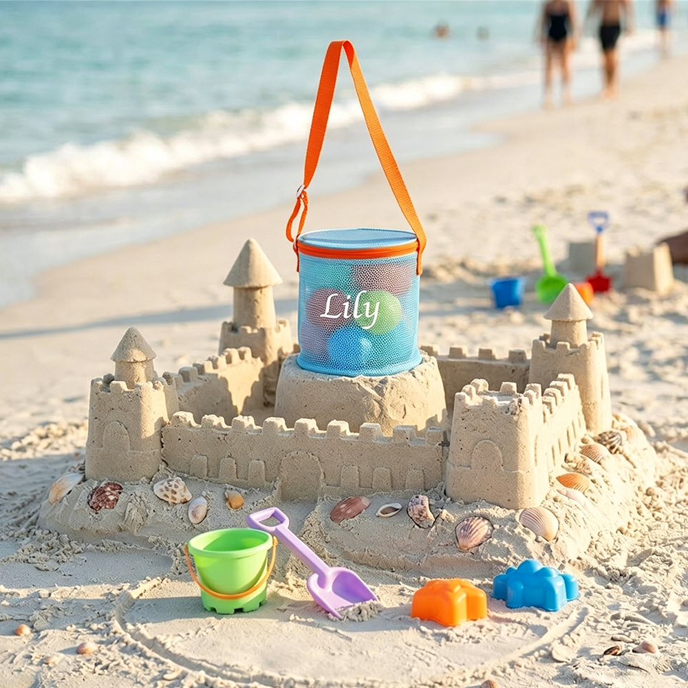 Personalized Embroidery Seashell Zipper Mesh Beach Bucket | CWBeach114