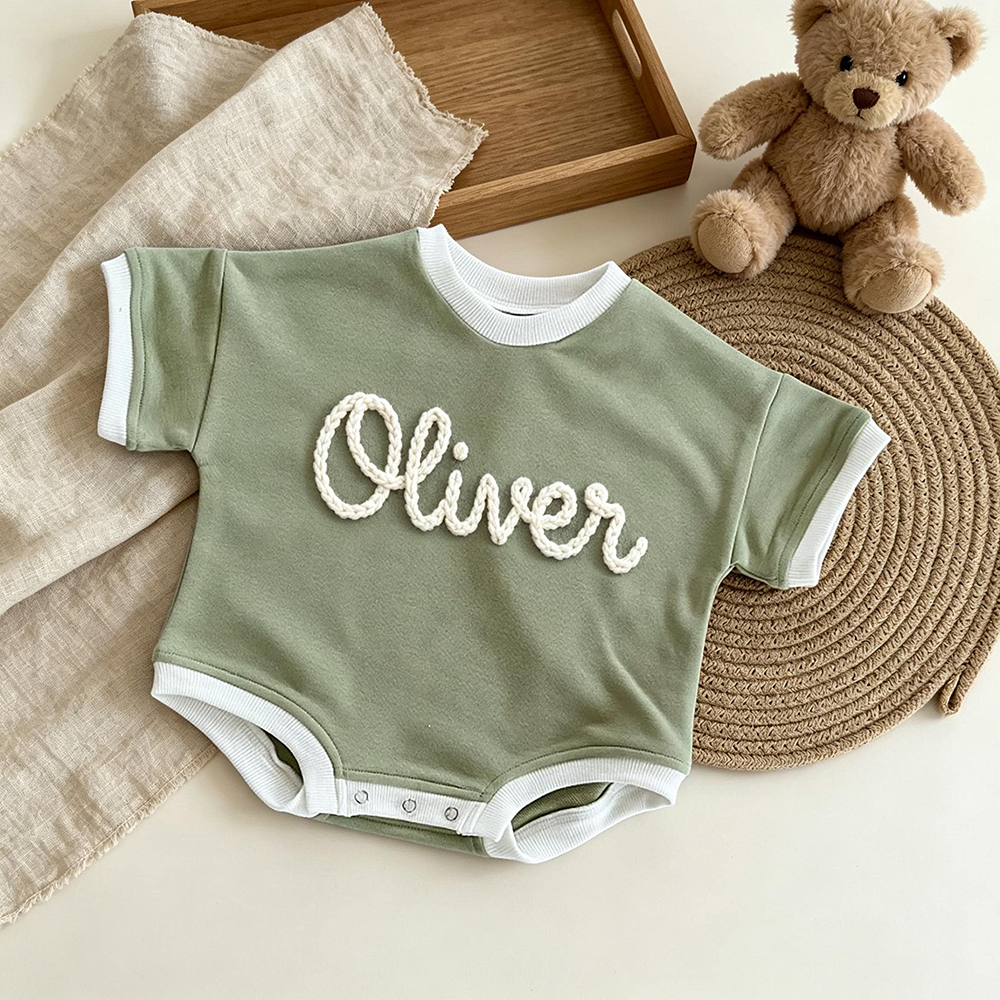 Personalized Hand Embroidered Short Sleeve Baby Bubble Romper | CWBaby503