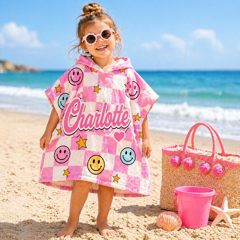 Personalized Checkered Smiley Kids Hooded Beach Towel for Summer & Beach | CWHTowel50