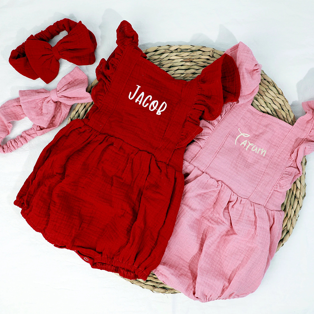 Personalized Embroidery Baby Organic Cotton Muslin Romper with Bow | inRomper35