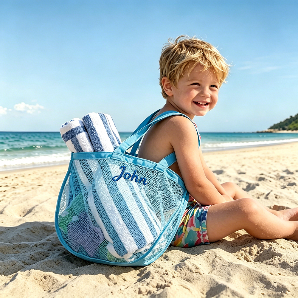 Personalized Embroidered Seashell Zipper Mesh Beach Bag | CWBeach249